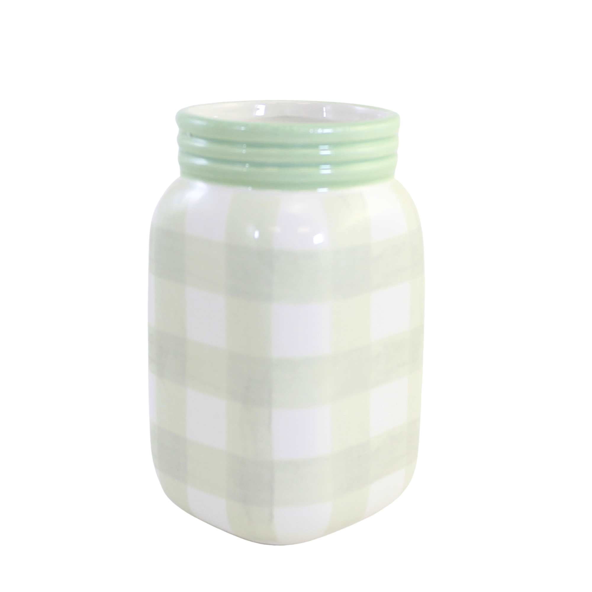 Tabletop Plaid Container Jar Dolomite Planter Utensil Holder A7000 Green