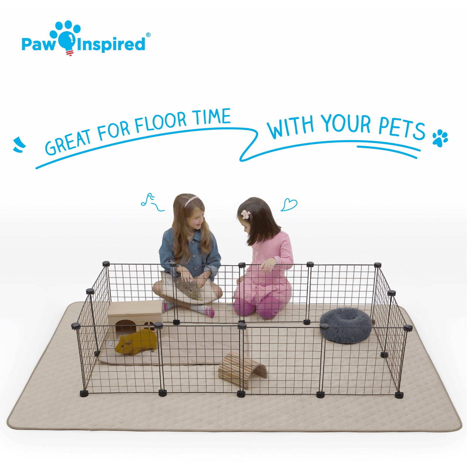 Paw Inspired 80x50” Waterproof Dog Playpen Mat, Pet Kennel Play Pen Pad for Puppy, Rabbit, Guinea Pig, Small Animals | Super Absorbent Fleece Cage Liner with Non-Slip Bottom (Tan)