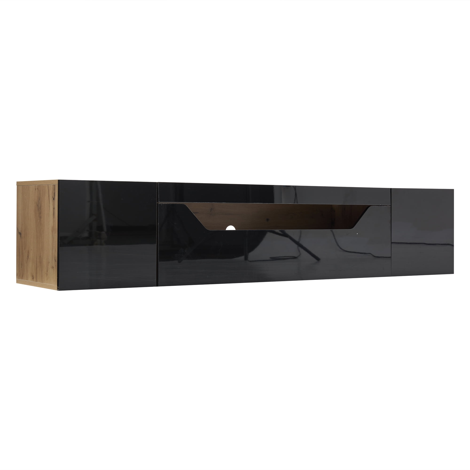 Homy Casa meuble TV flottant 64,9 po pour téléviseurs jusqu’à 65 po, console murale avec DEL par appli, noir lustré et chêne