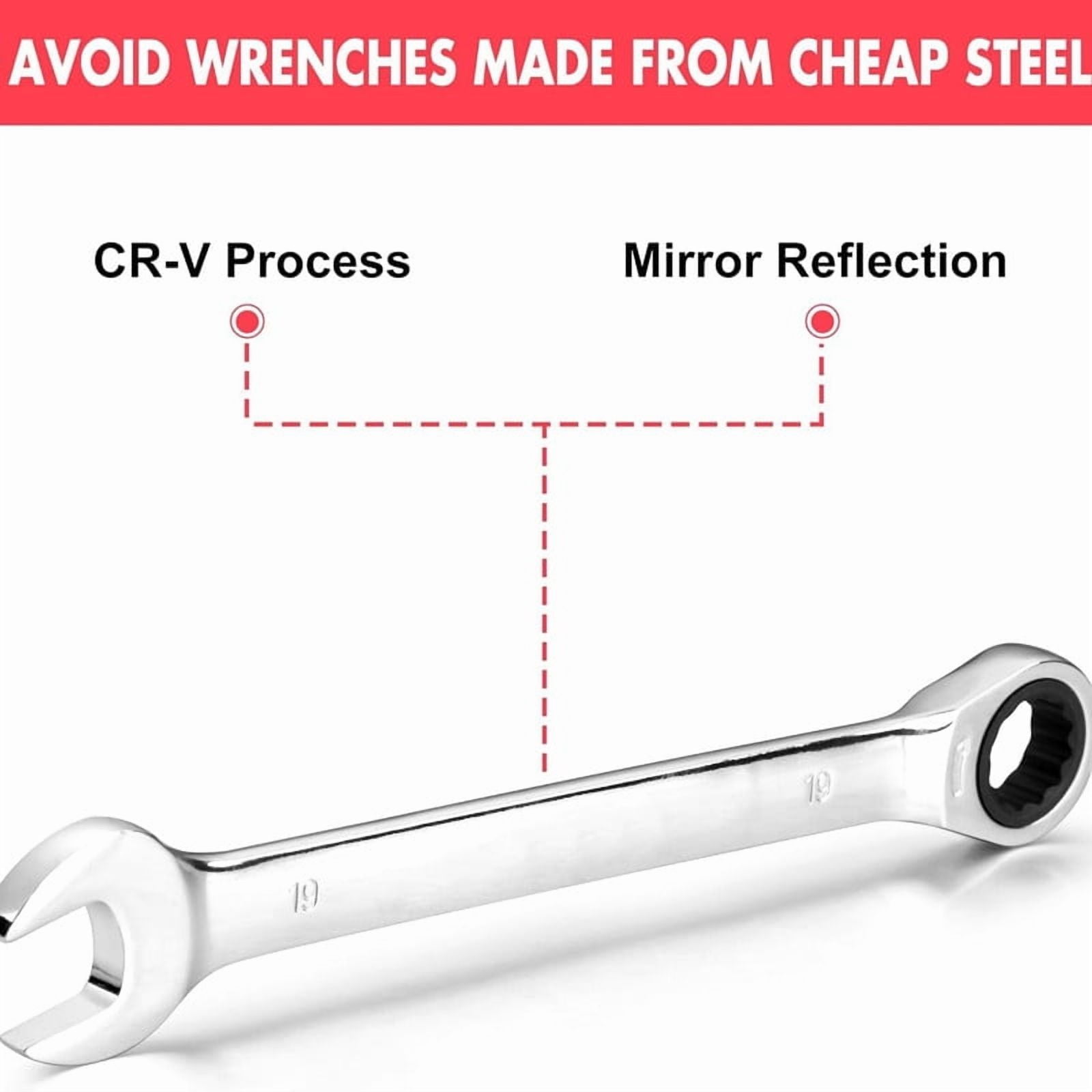 20-Piece Fixed Ratcheting Combination Wrench Set, 72 Teeth, SAE 1/4-3/4" & Metric 6-19mm, Chrome Vanadium Steel Combination Wrench with Storage Bag