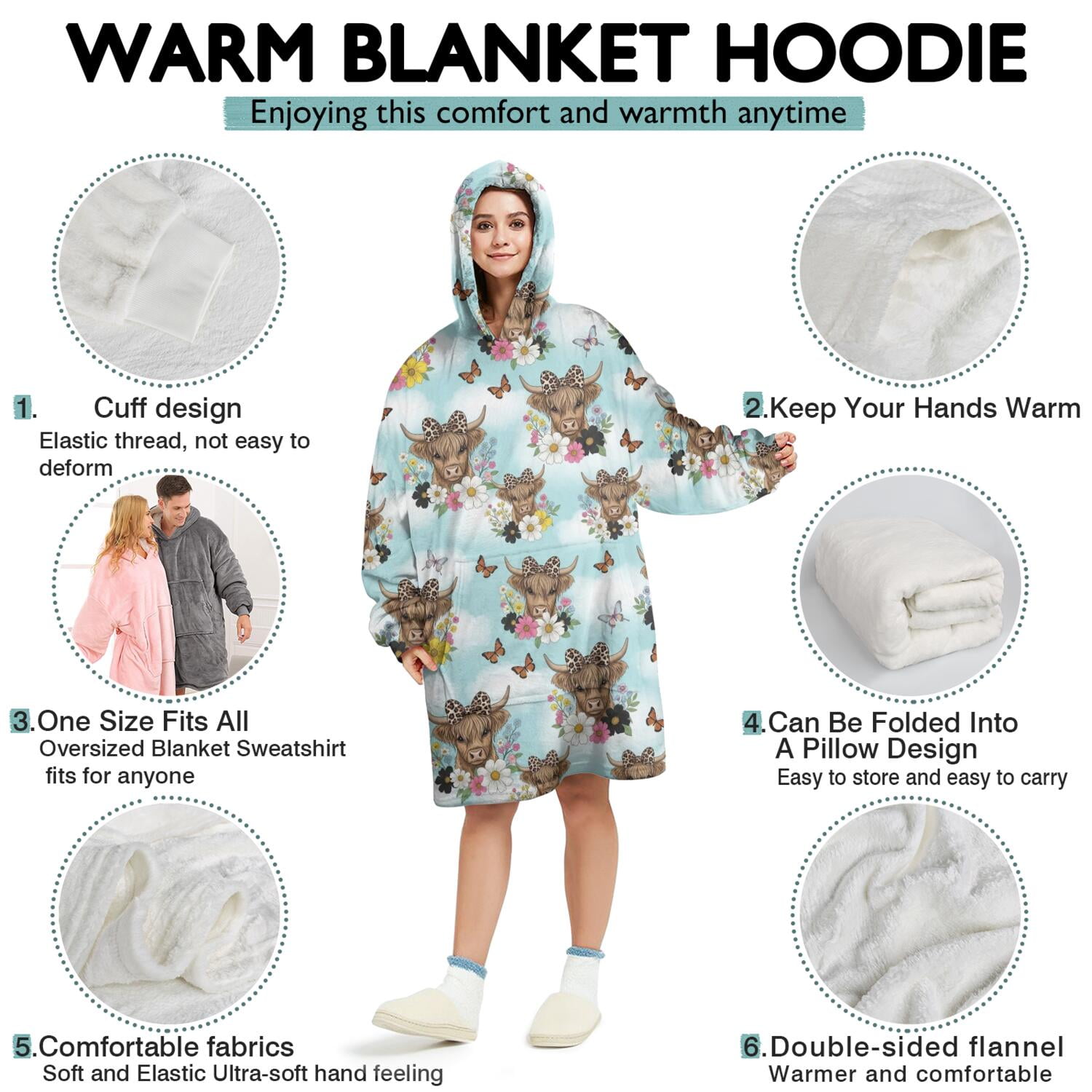 Blue Highland Cow Flower Butterfly Pattern Wearable Oversized Blanket,Wearable Blanket Hoodie for Adults,Cozy Hooded Blankets with Super Pockets,Super Warm Fuzzy Pullover for Women & Men