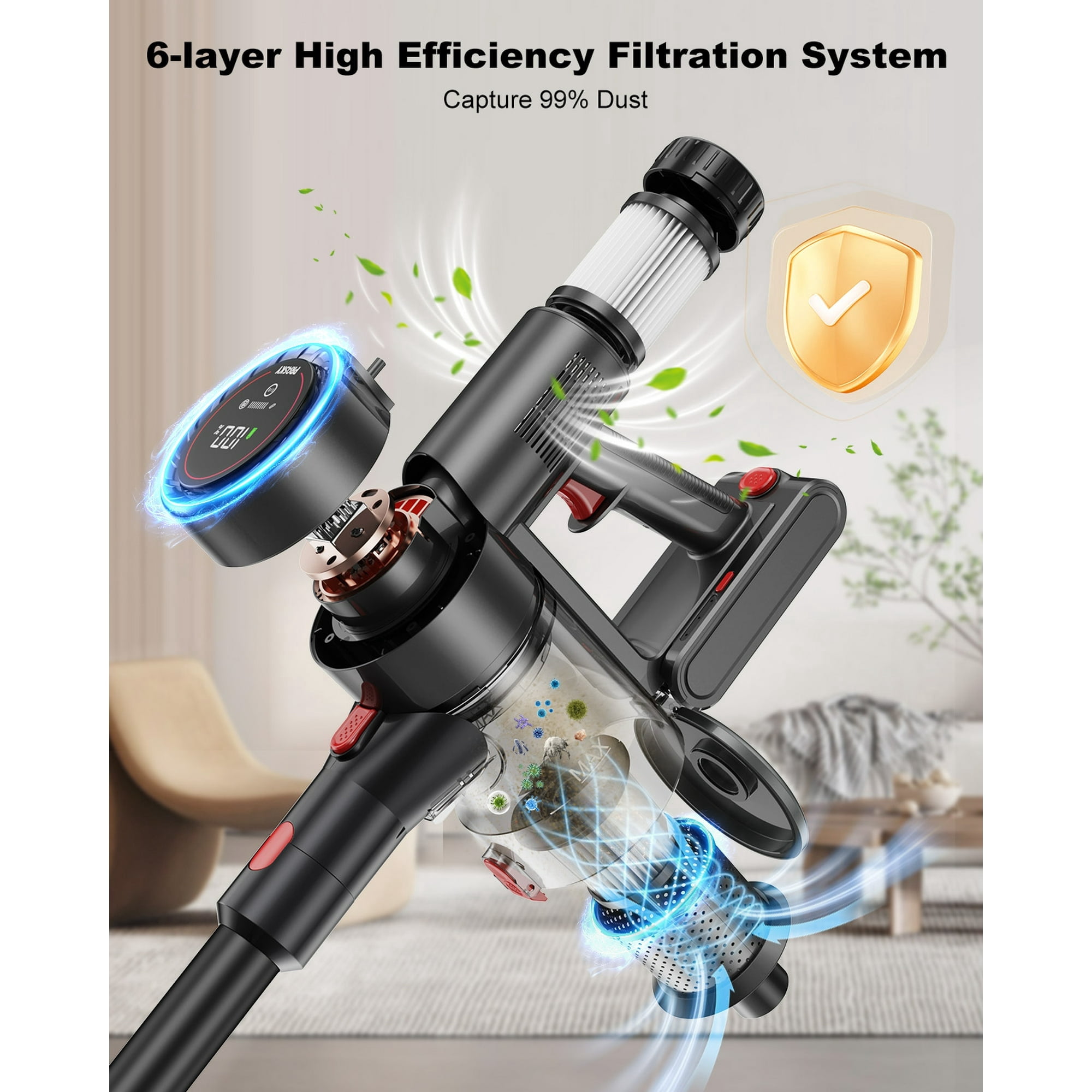 PRASKY Cordless Stick Vacuum Cleaner Adjustable Length Lightweight for Carpet, Hard Floor, Pet Hair (Black)
