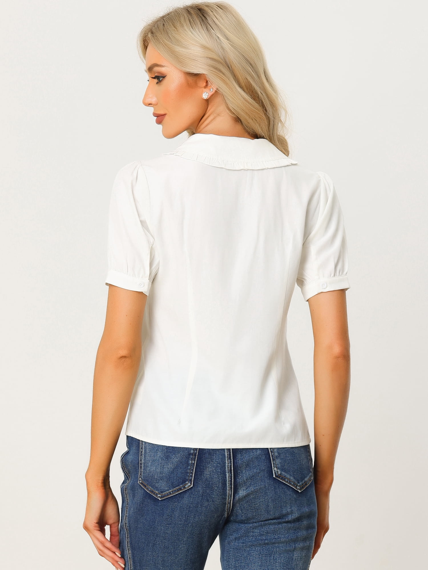 DARING DIVA Women's Peter Pan Collared Puff Short Sleeve Retro Blouse M Cream White