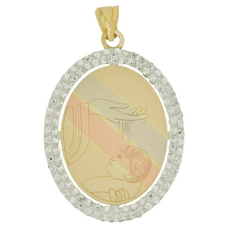 14k Tricolor Gold, Reversible Religious Baptism Sacred Heart Christ Pendant Charm Created CZ 20mm NO Necklace
