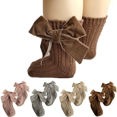 

Inevnen Pack of 4pairs Baby Girls Socks with Spanish Bow Infants Toddler Knit Socks Cotton Tube Ruffled Stockings