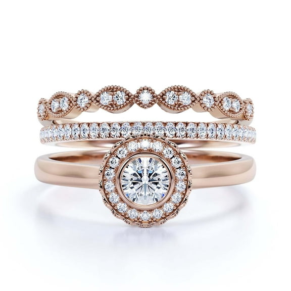 Beautiful 2.10 Carat Round Cut Diamond Moissanite Engagement Ring, Floral Halo Wedding Ring, Two Matching Band in 18k Rose Gold Plating, Bridal Rings, Gift For Her,Promise Ring, Anniversary Gift