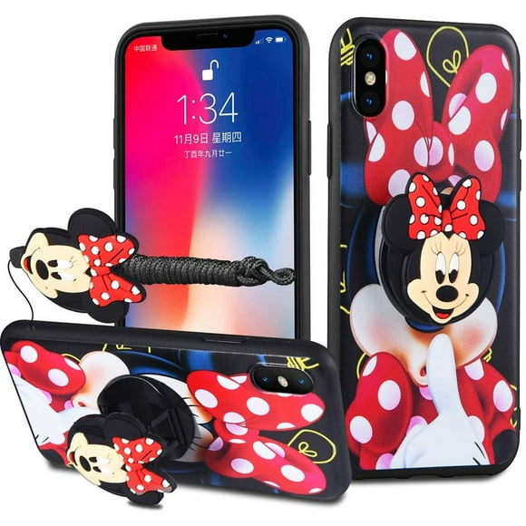 Galaxy A21S Case - Minnie Mickey Mouse Cartoon Case Soft Silicone TPU Shockproof Case with Phone Holder Stand and Detachable Long Lanyard for Girls Boys (Red)