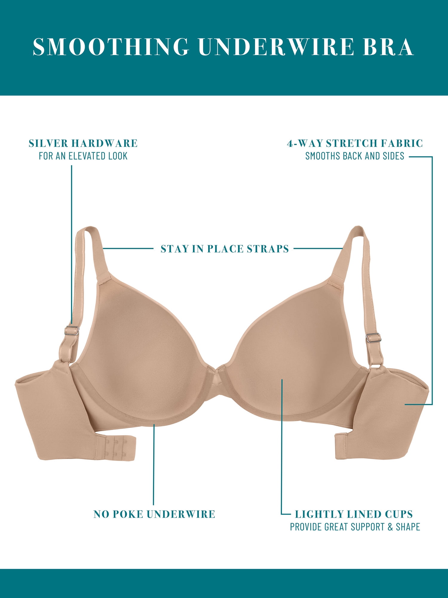 Women's Underwire Bra - Back and Side Smoothing, Full Coverage T-Shirt Bra, Style 3476326