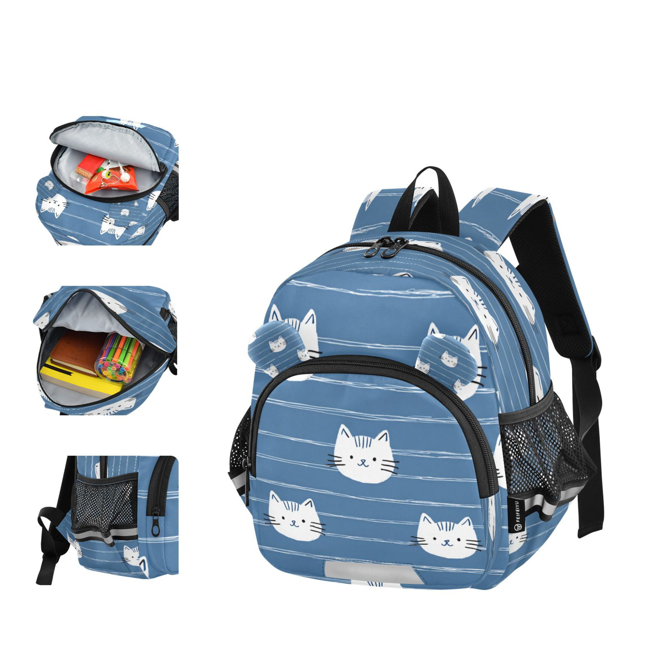 RMDQTR Adorable Ear-Print Backpack with Reflective Strip and Anti-Lost Leash Adjustable Shoulder Straps Mini Travel Backpack Cat Face Seamless Pattern