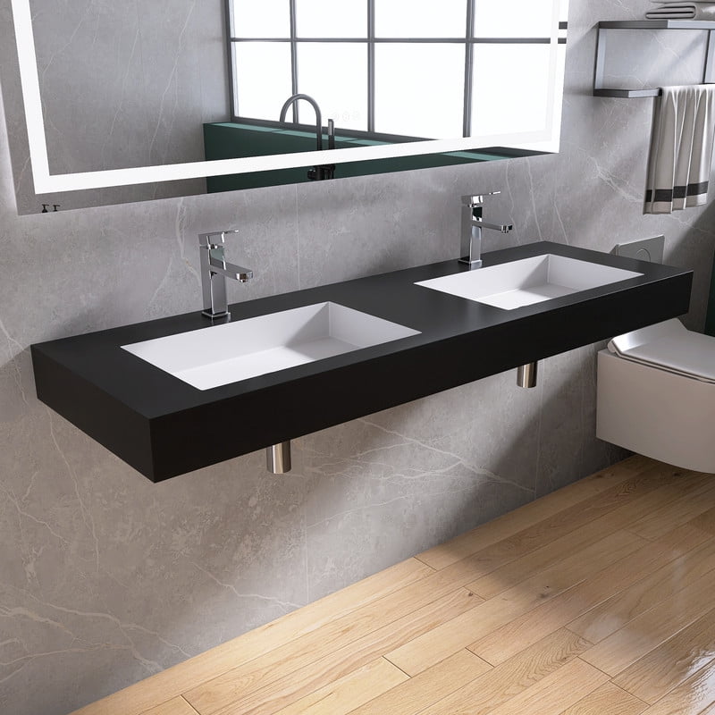 MEDUNJESS 59" Wall Mounted Double Basins Sink Solid Surface Rectangular Bathroom Sink with Faucet Hole，White interior, Black exterior