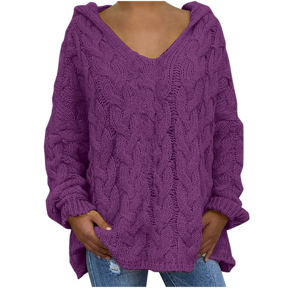 XuJwPNcy Women's V Neck Oversized Sweaters Solid Color Cable Knit Pullover Casual Loose Fall Outfits Fashion Clothes