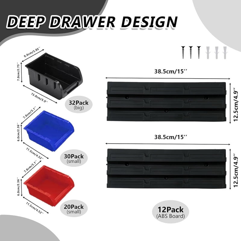 94 Pcs Wall Mounted Storage Bins, Garage Organizer System, Nut and Bolt Organizer, Plastic Bolt Bin, Screw Organizer