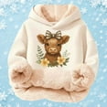 thumbnail image 4 of Rggeeun Girls Hoodie Soft Lined Fluffy Cow Pullover With Cute Striped Bow Print Warm Winter Kid Casual Relaxed Fit Beige,13-14 Years,Long Sleeve, 4 of 5