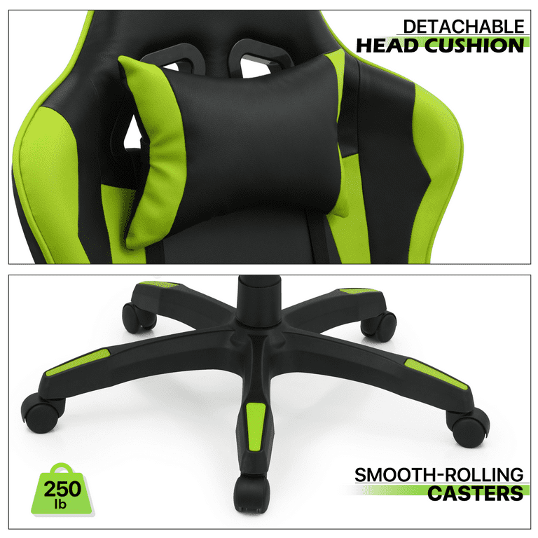 Magshion Ergonomic Gaming Chair with Footrest Recliner, Faux Leather PC  Racing Computer Desk Seat, Swivel Headrest Pillow, Green 