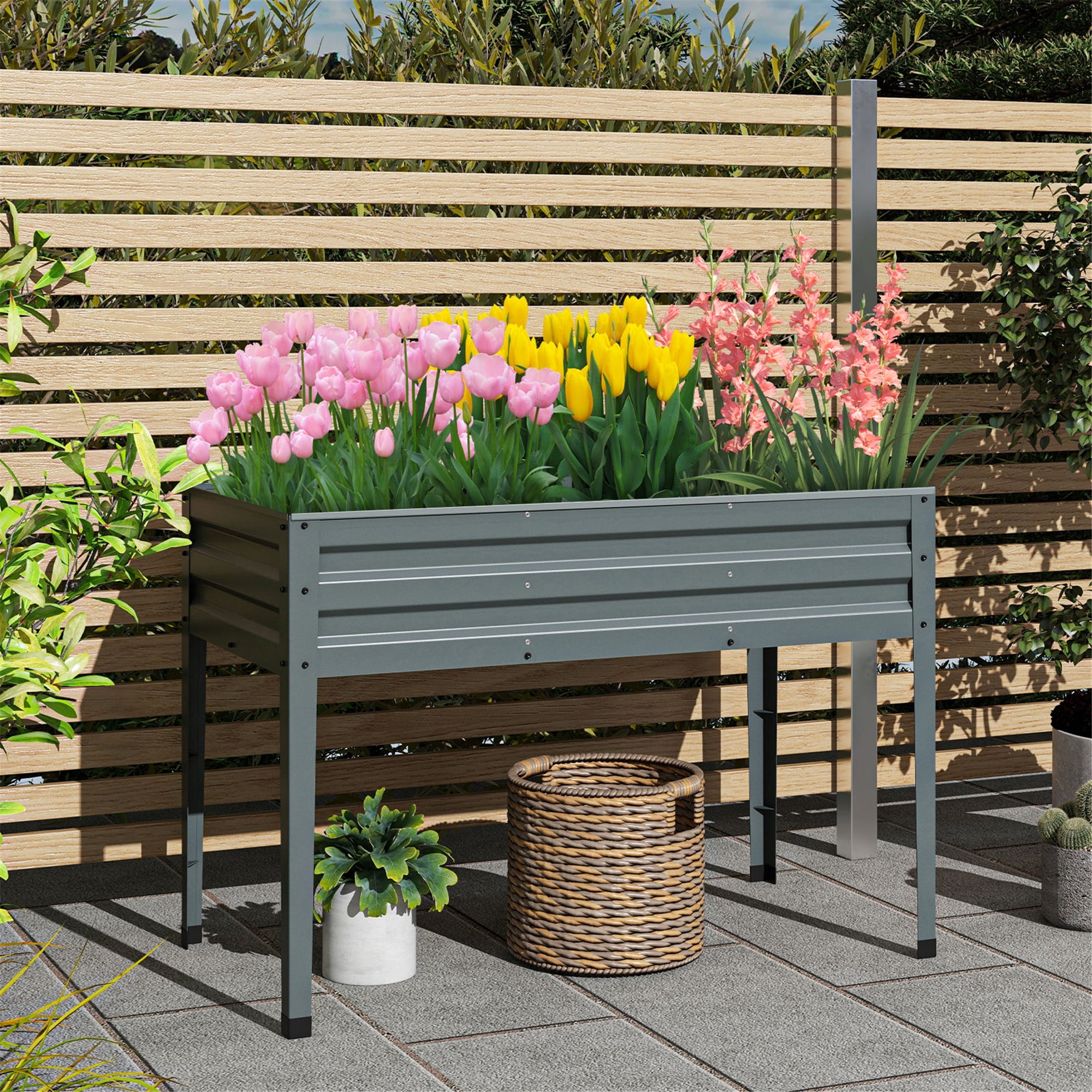 Gymax 46'' x 24'' x 32'' Galvanized Raised Garden Bed w/ Legs Drainage Holes for Flowers Grey