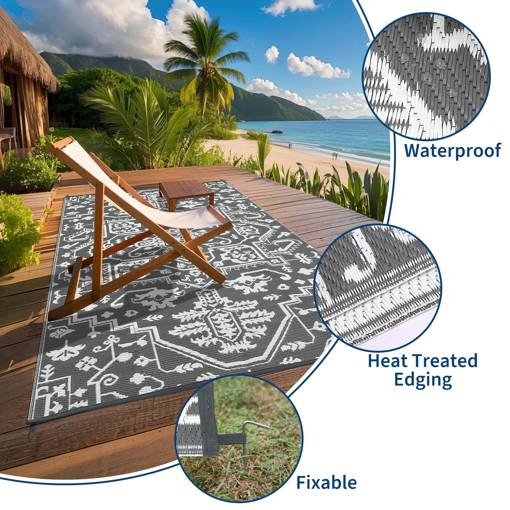 9'x12'/8'x10'/9'x18' Large Outdoor Rug for Patio Rugs, Reversible Straw Rug Medallion Pattern, Vintage Camping Rug for RV, Porch, Deck, Backyard, Balcony