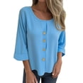 thumbnail image 1 of ManxiVoo Chemise Décontractée pour Femme à Boutons, Col Rond, Coton et Lin, Manches Longues, Haut Élégant Minimaliste pour le Bureau, Taille P, Bleu, 1 of 5