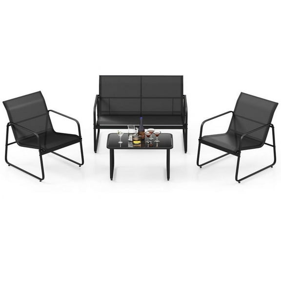 YYAo Outdoor Bistro Set, Outdoor Conversation Sets, 4 Pieces Outdoor Conversation Set with Tempered Glass Coffee Table-Black