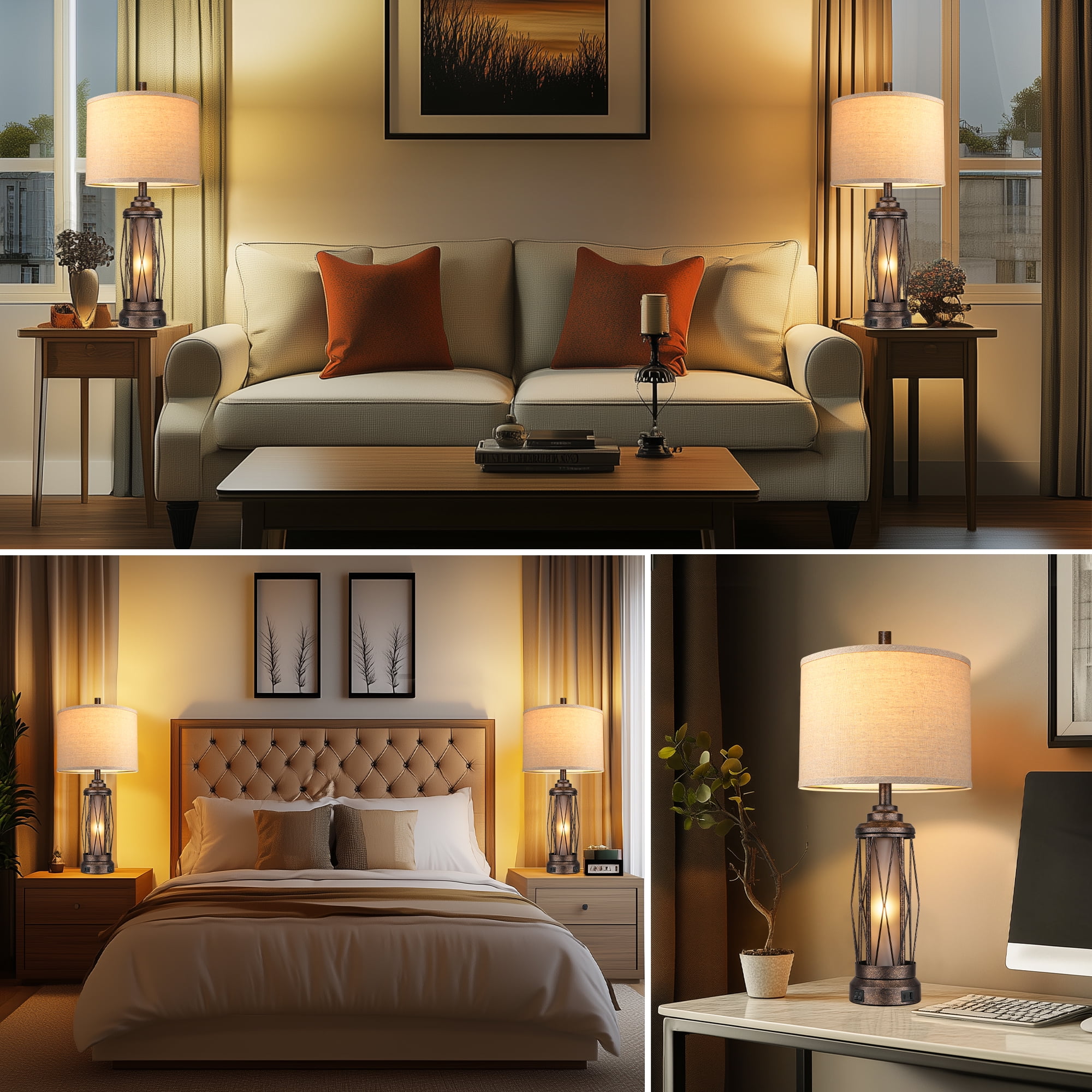 Farmhouse Table Lamps for Living Room, Rustic Nightstand Lamp for Bedroom with USB C+A Charging Ports, Built-in Frosted Glass Night Light for Entryway End Table, 4 Bulbs Included, Bronze
