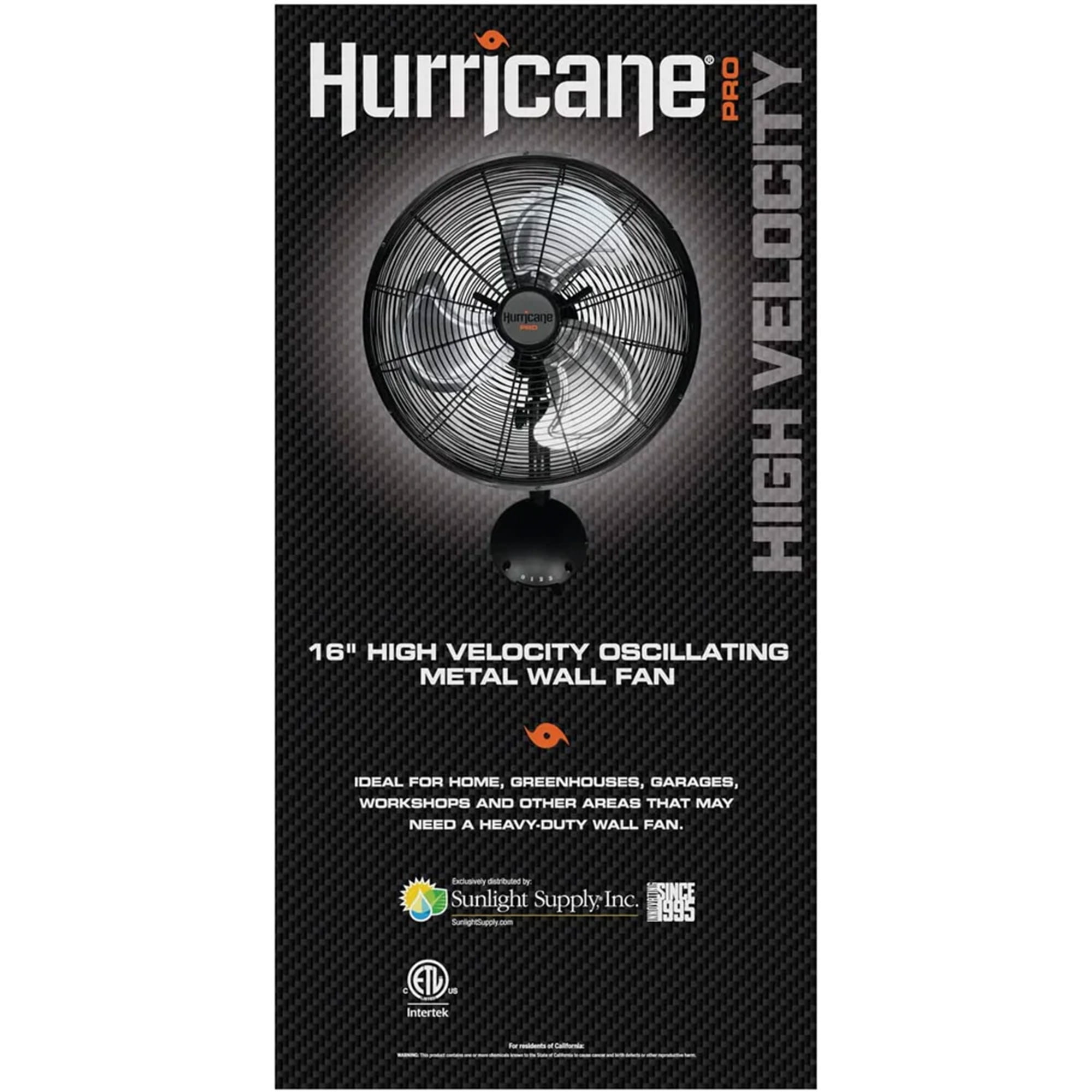 Hurricane 16" Pro High Velocity Oscillating Metal Wall Mount Fan with 3-Speed Cooling