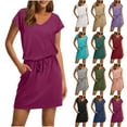 thumbnail image 1 of BiZtdJrK Robes d'Été en Coton pour Femmes Col en V Manches Courtes T-Shirt Taille à Nouer Robe Mini Décontractée Unie Robe Soleil avec Poches, Rose, P, 1 of 7
