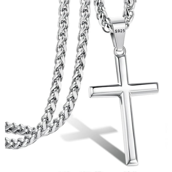 Silver Cross Necklace 925 Sterling Silver Pendant with Steel Chain, 1630 Inches