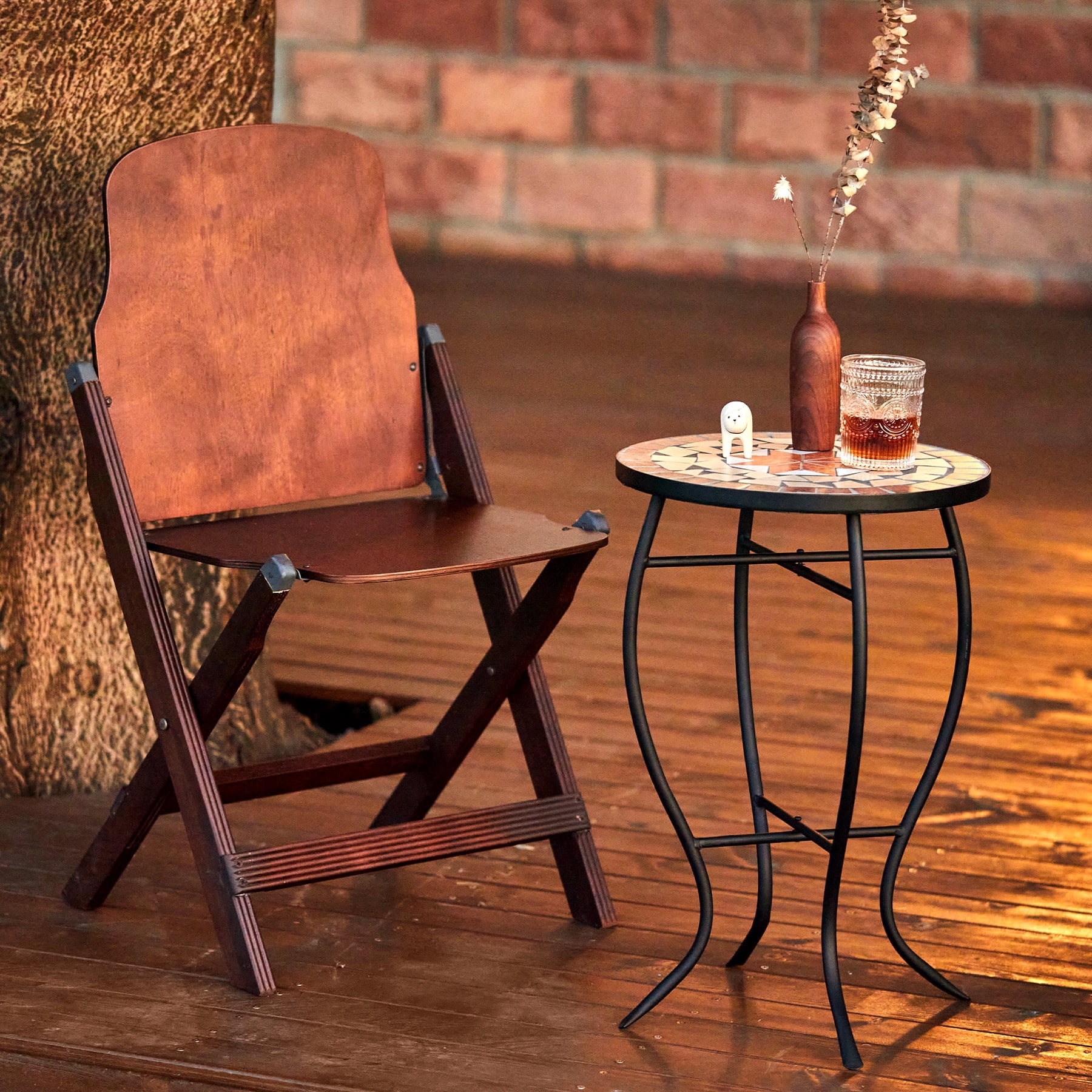 14 Inch Mosaic Outdoor Table & Plant Stand for Living Room Patio Garden Maple