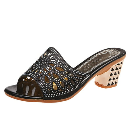 

Womens Sandals Fashion Summer Women Sandals Hollow Breathable Rhinestone Sequins Casual Middle Heel Women S Sandals Pvc Black 38
