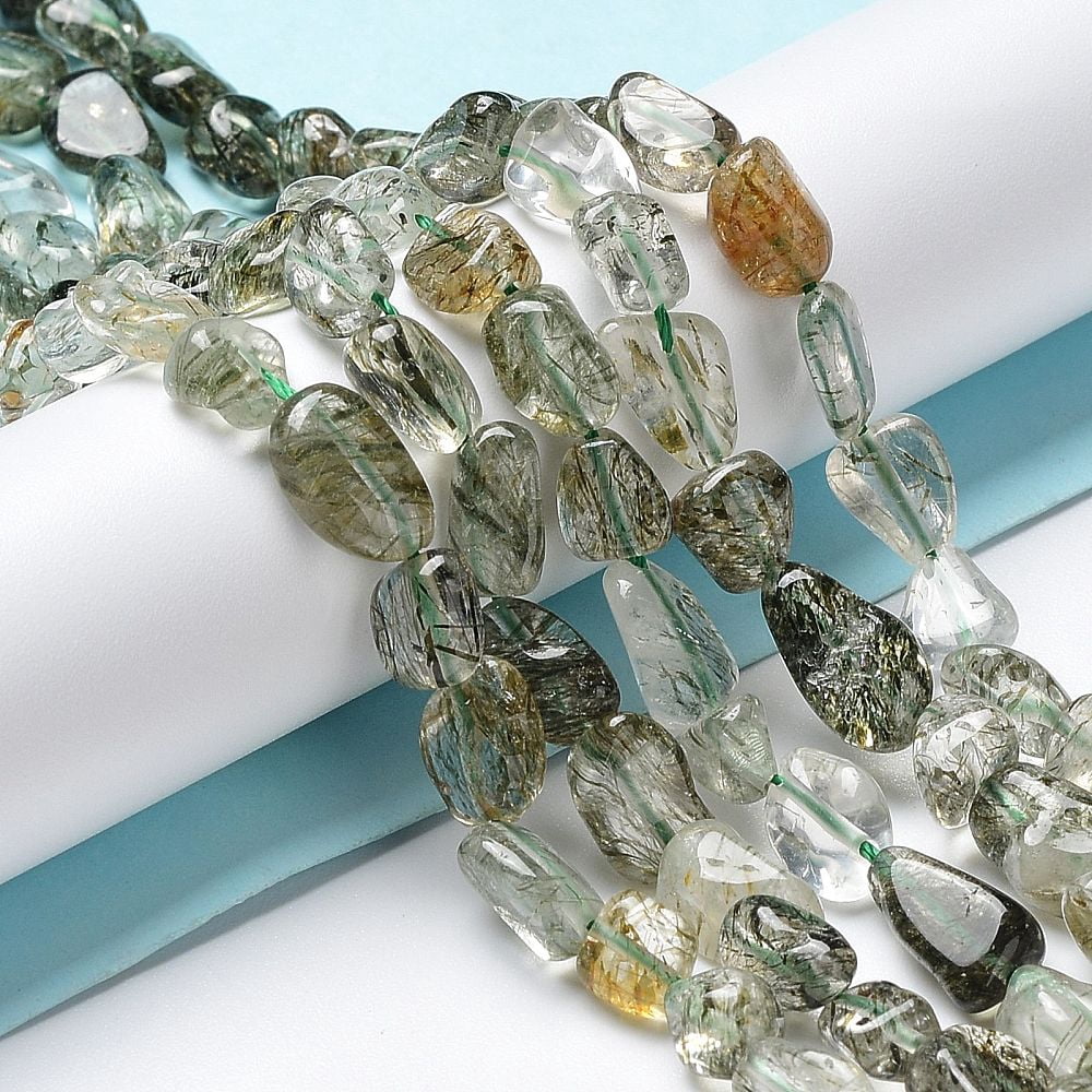 Natural Green Rutilated Quartz Beads Strands Nuggets 7~14x4~9x4~7mm Hole: 1mm about 40~50pcs/strand 15.16~15.55 inch(38.5~39.5cm)