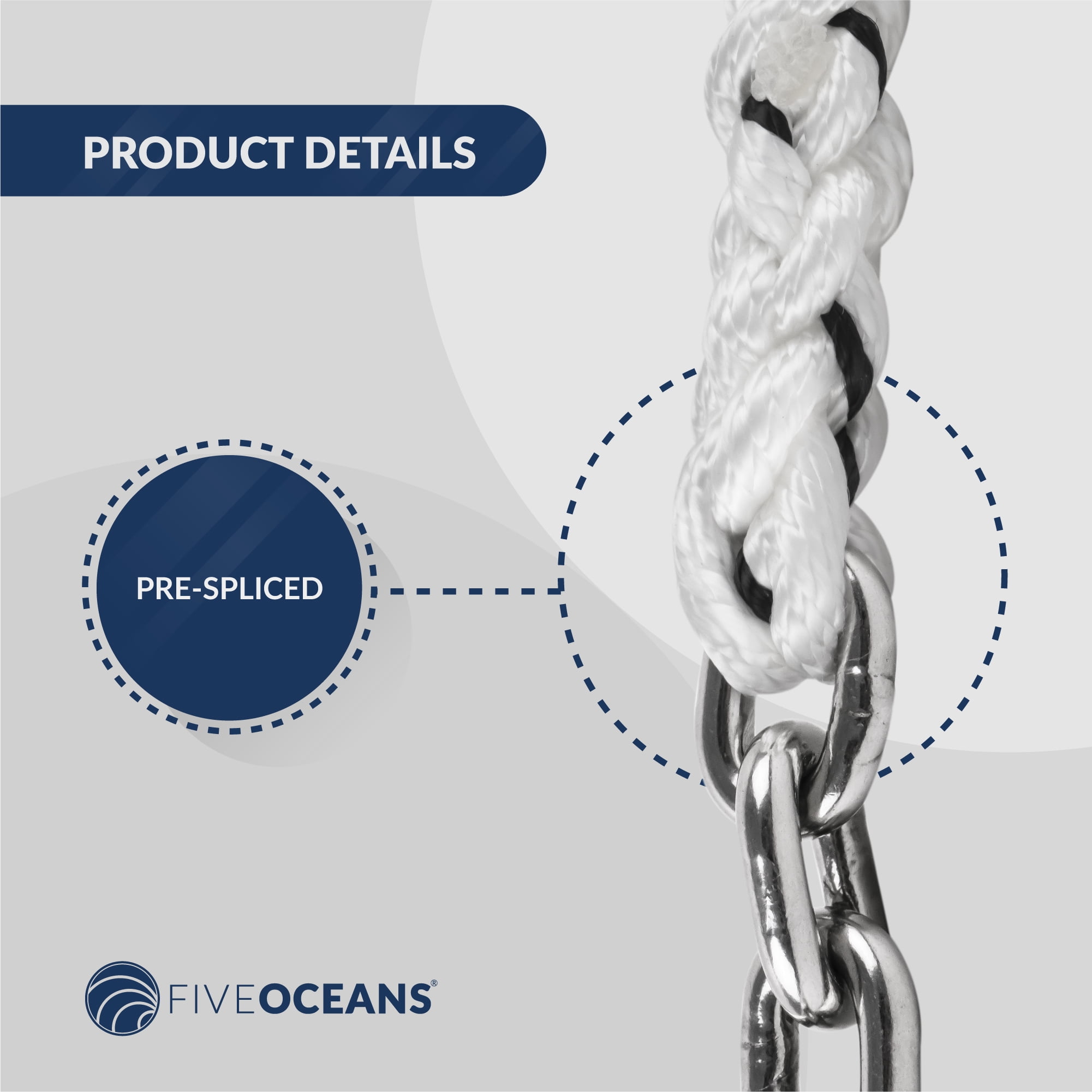 Five Oceans Windlass Anchor Rode, Hand Spliced Rope and Chain Combination,  1/2 x 150' Nylon 3-Strand Rope, 1/4 x 15' Hot-Dipped G4 Stainless Steel  Chain - FO4527 
