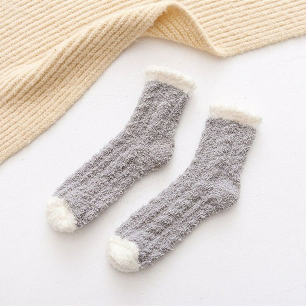 Calcetines de tubo medio de vellón coral de color sólido japonés para mujer, calcetines de piso de vellón de medio lado con encaje torcido