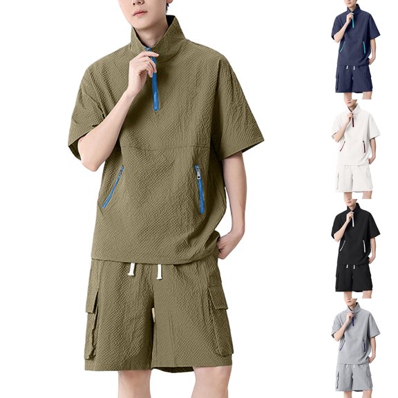 Men Bubble Textured 2 Piece Outfit Set, Quarter Zip Stand Collar Short Sleeve Jacket and Drawstring Elastic Waist Cargo Pocket Shorts Summer Tracksuit Size 4XL Army Green