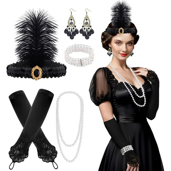 1920s Accessories Set for Women Flapper Headpiece Headband Vintage Pearl Necklace Gloves