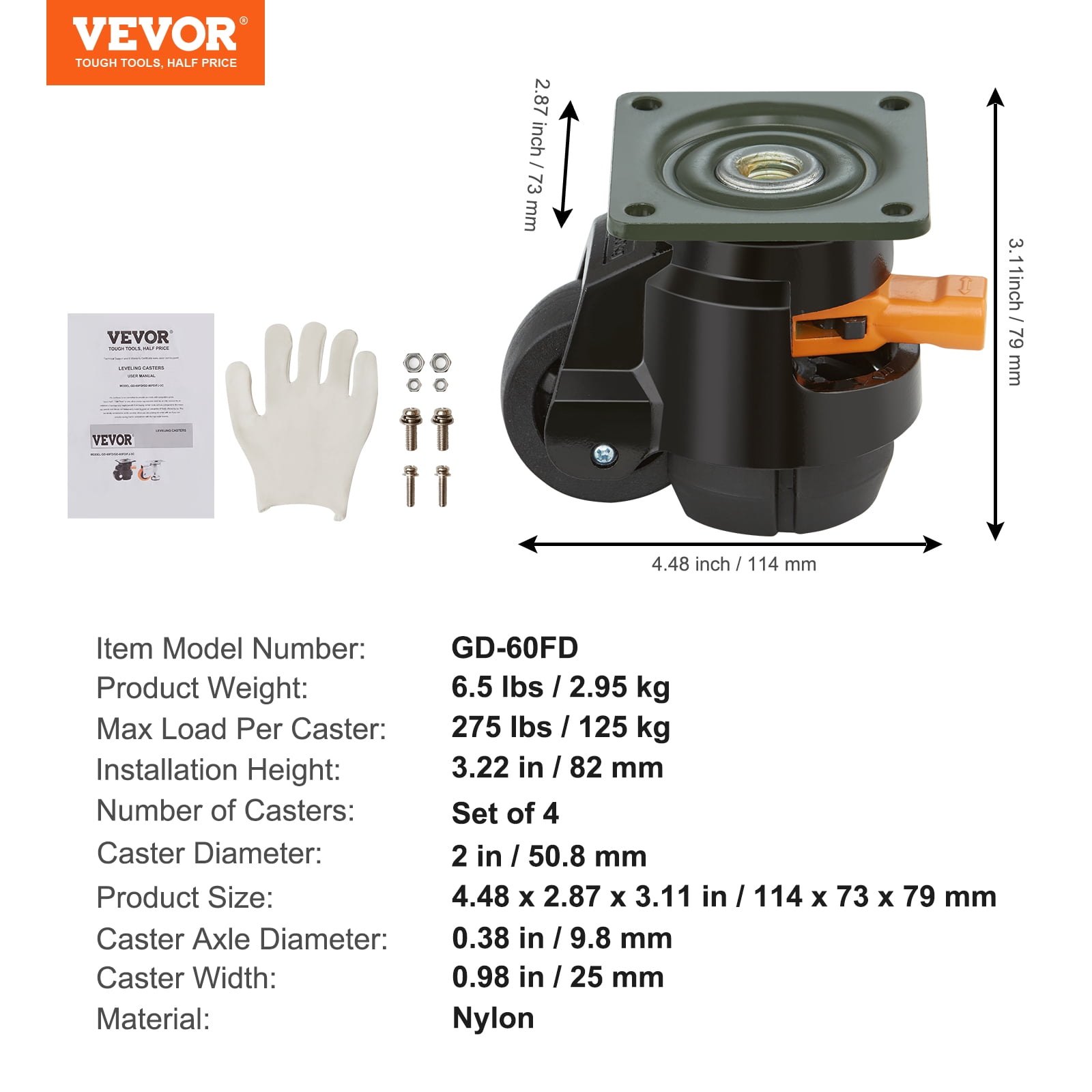VEVOR Leveling Casters, 4-Pack Heavy Duty 360° Swivel Caster Wheels Hold up to 1100 lbs Load, 2 inches Caster Diameter, Adjustable Casters with Upgraded Handle Design and Feet for Workbench & Machine