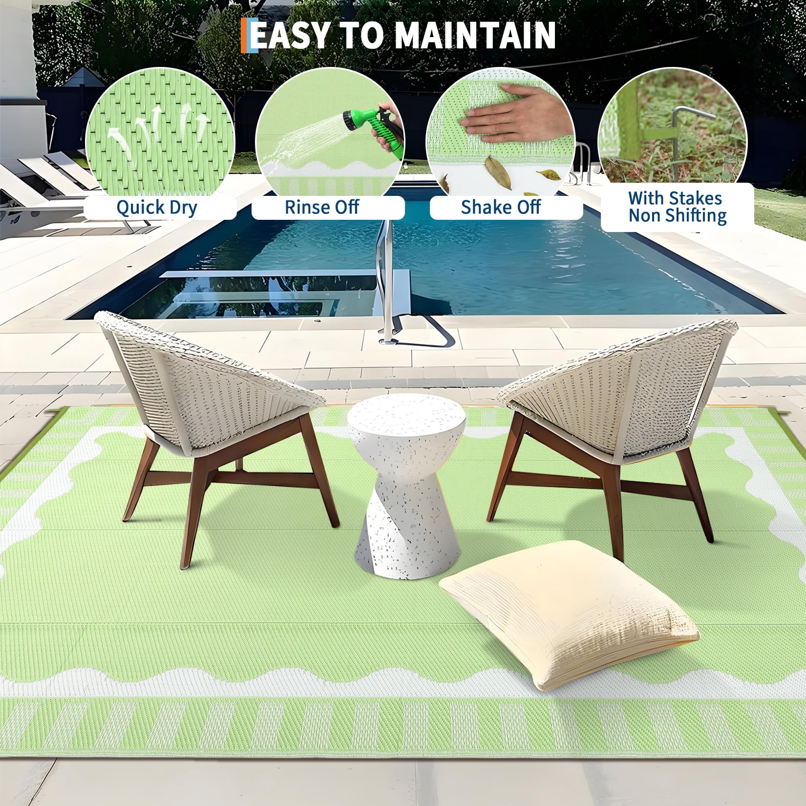 Nanan 9'x12' Outdoor Patio Rug Modern Scalloped Bordered Outdoor Rug Waterproof Reversible Plastic Straw Rug for Camping Picnic Deck Balcony, Light Green