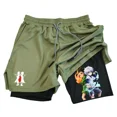 thumbnail image 2 of Pantalones cortos para correr 2 en 1 para hombre con bolsillos para teléfono, toalla con lazo, estampado de anime, pantalones cortos de compresión atléticos ligeros para entrenamiento en gimnasio, 2 of 5