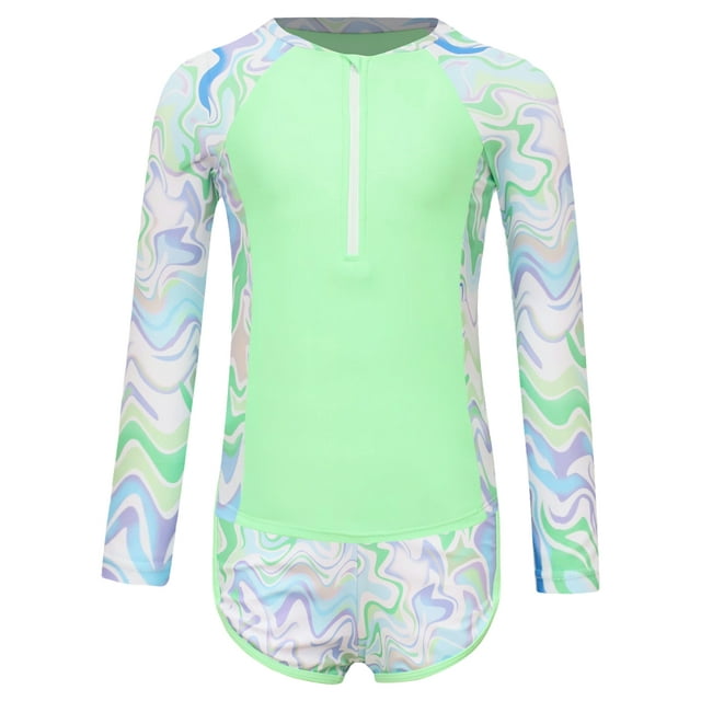 Yeahdor Kids Girls 2Pcs Rash Guard Long Sleeve Zipper Wave Striped Printed Swim Top with Shorts Bathing Suit Fluorescent Green 9Y
