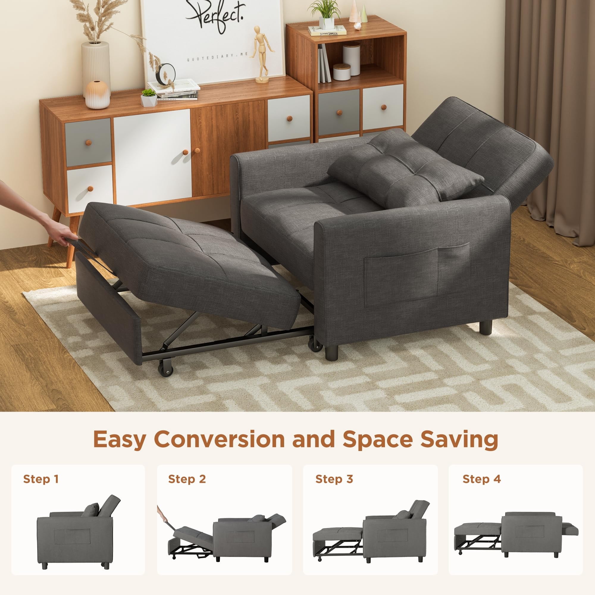 Couch Bed, Lofka Convertible Sofa and Couch Bed with Adjustable Backrest, Dark Gray Recliner