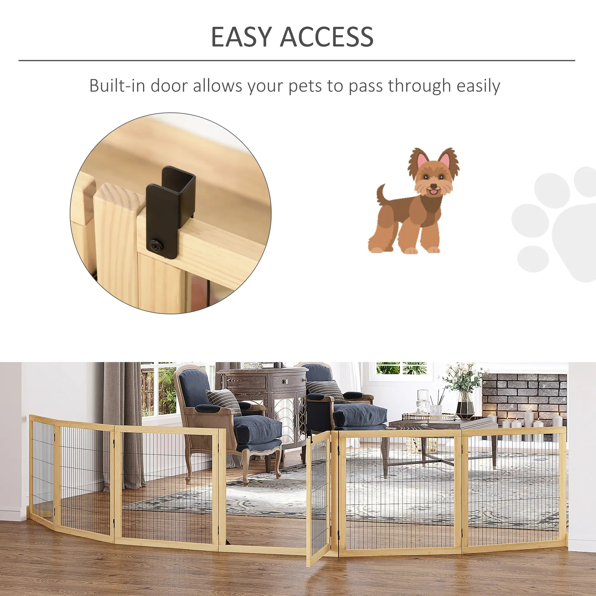 Pefilos 170" Wide Folding Pet Gate, 32" Tall No-Assembly Wood Dog Gate with Door Walk Through, Freestanding Wire Pet Gate, Pet Puppy Safety Fence, Beige
