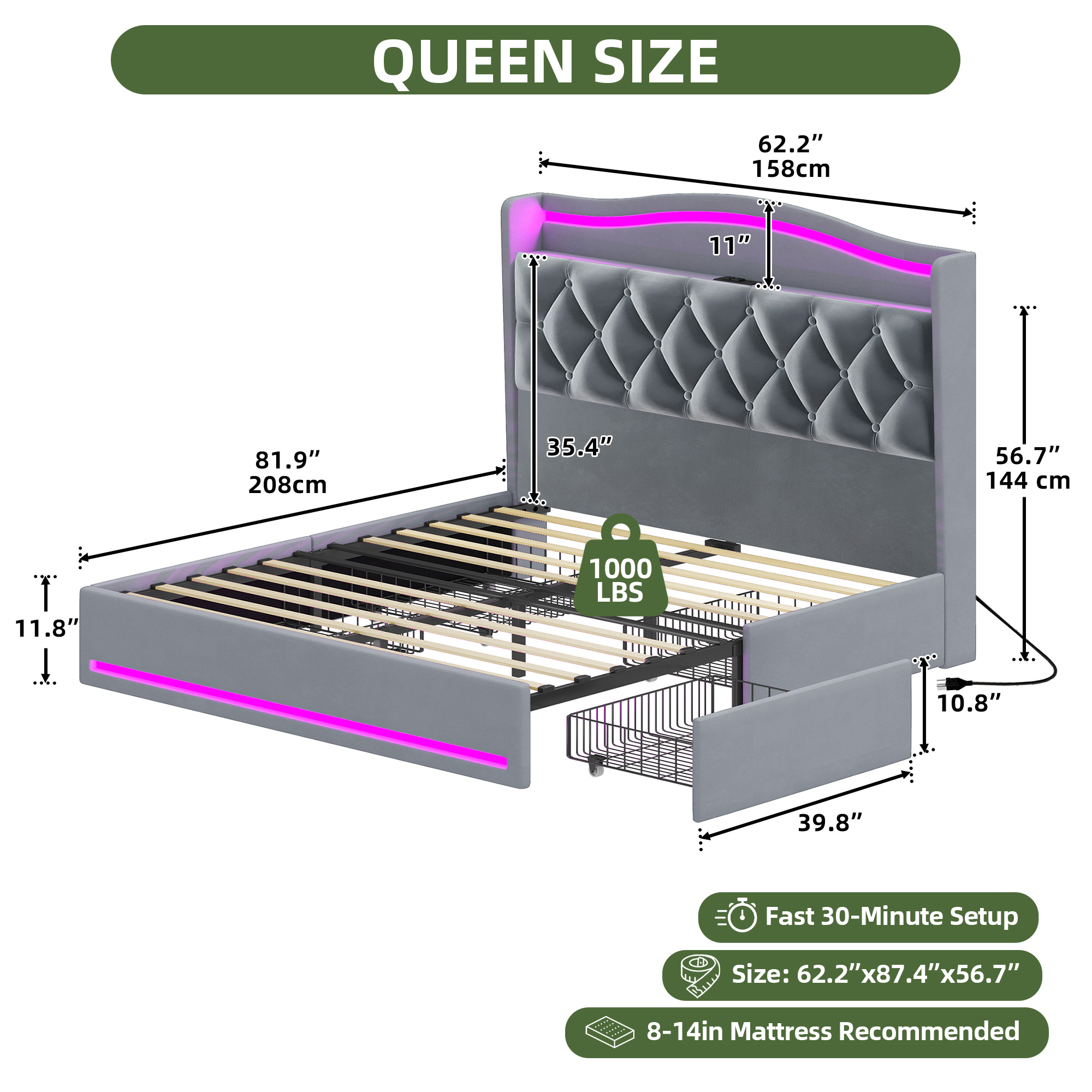 Uforic Queen Size Velvet Upholstered Bed Frame with RGB LED Ambient Light, Built-in Charging Station, No Box Spring Required, Gray