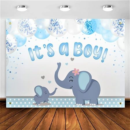 Image of Rustic Elephant Baby Shower Backdrop Banner - Blue Gray Decorations for Boy s Birthday Party | Large Fabric Animal Theme Photography Props - It s A Boy Background Decor 72.8 x 43.3 Inch
