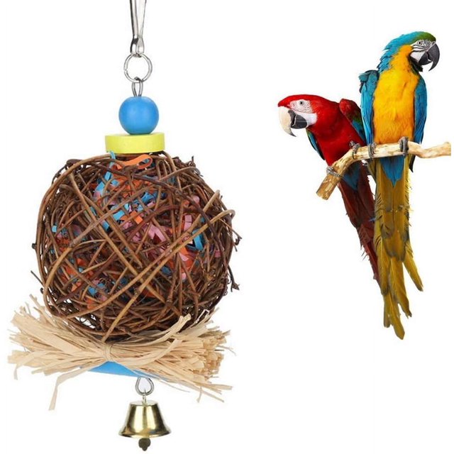 JM Juguete para loros para pájaros, juguete para masticar pájaros, bola de ratán natural con tiras de papel y campana de metal, columpio para pájaros, pJMiquitos, loros posados JM