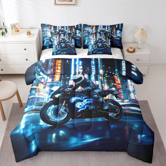 Castle Fairy Teenagers Dirt Bike 7-Piece Twin Bedding Sets,Extreme Sport Bedding Comforter Set,Abstract Motorcycle Breathable Sheet Sets,Microfiber Bedroom Decor