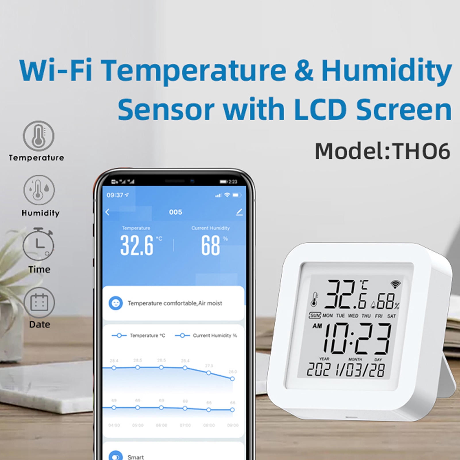 Yajisi WiFi Temperature Humidity Sensor, LCD Display Smart Thermometer with USB Power, Compatible with Alexa & Google Home, 2.6" x 2.6" x 0.7"