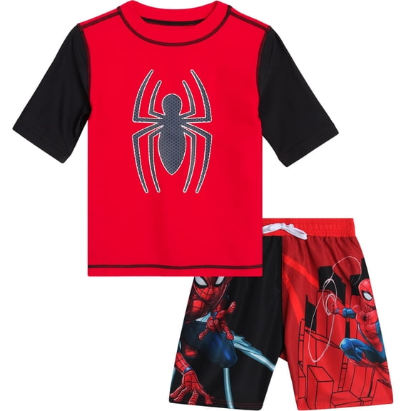 Marvel Spiderman Boys Rash Guard Set - 2 Piece UPF50  Quick Dry Swim Shirt & Swim Trunks for Boys