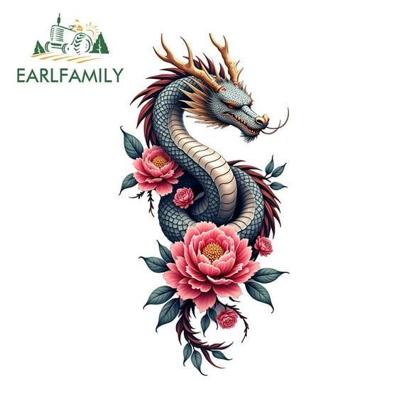 EARLFAMILY 5.1" Dragon with Flower Cartoon Car Sticker Creative Windshield Motorcycle Skateboard Suitcase Vinyl Decal Scratch-Proof Car Accessories
