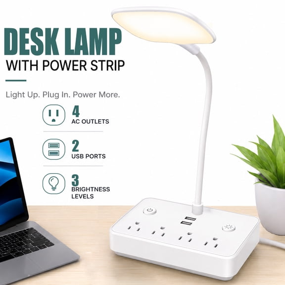 BOHASHIN LED Desk Lamp with 2 USB Charging Port and 4 AC Outlets, 2 Color Temperatures and 4ft Extension Cord for reading, Working, Studying