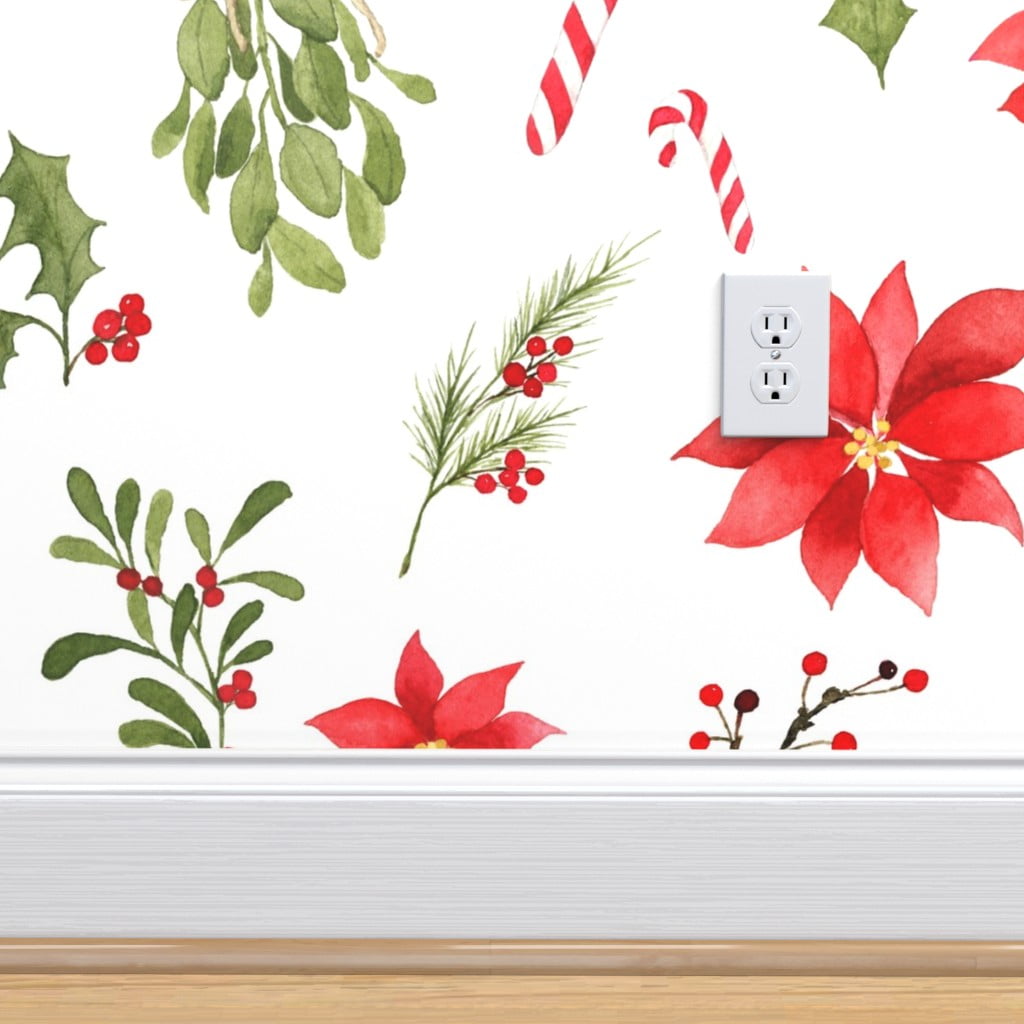 Removable Water-Activated Wallpaper Watercolor Holiday Christmas Holly Mistletoe 