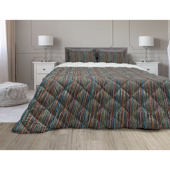 Abstract Comforter & Sham Bedding Set, Modern Art Pattern with Vertical Wavy Lines in Rainbow Colors on Black Background, 3 pcs Duvet Set Microfiber Filling Quilt, 5 Sizes, Multicolor, by Ambesonne