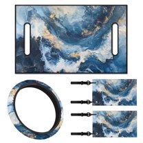 Jeiento Blue Marble Pattern Golf Cart Seat Covers 4 Pack with Golf Cart Steering Wheel Cover and 2PCS Golf Cart Flags Golf Cart Seat Protector 13-14 Inch Steering Wheel Covers